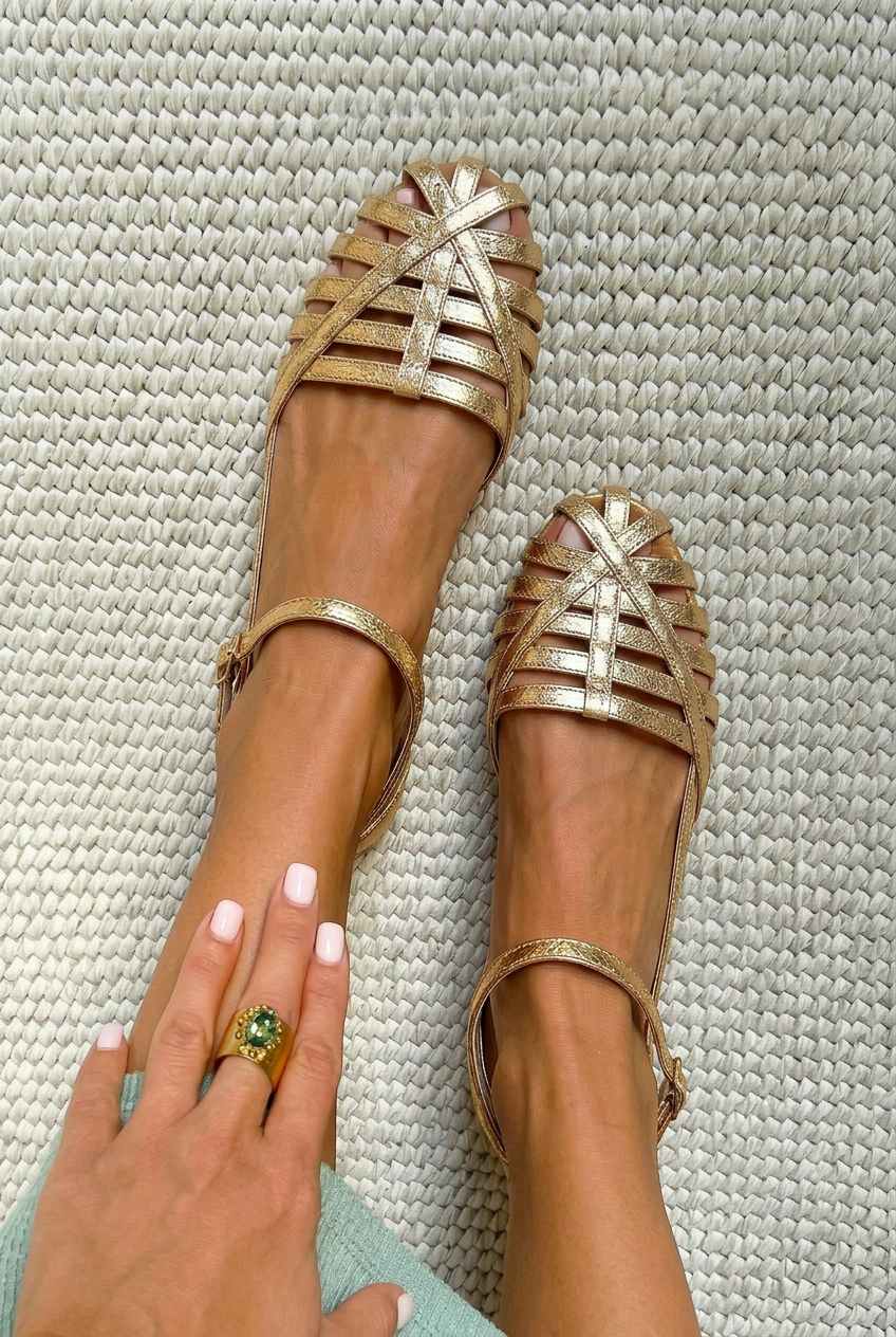 Alexandra – Flat Closed-Toe Caged Ankle Strap Sandals