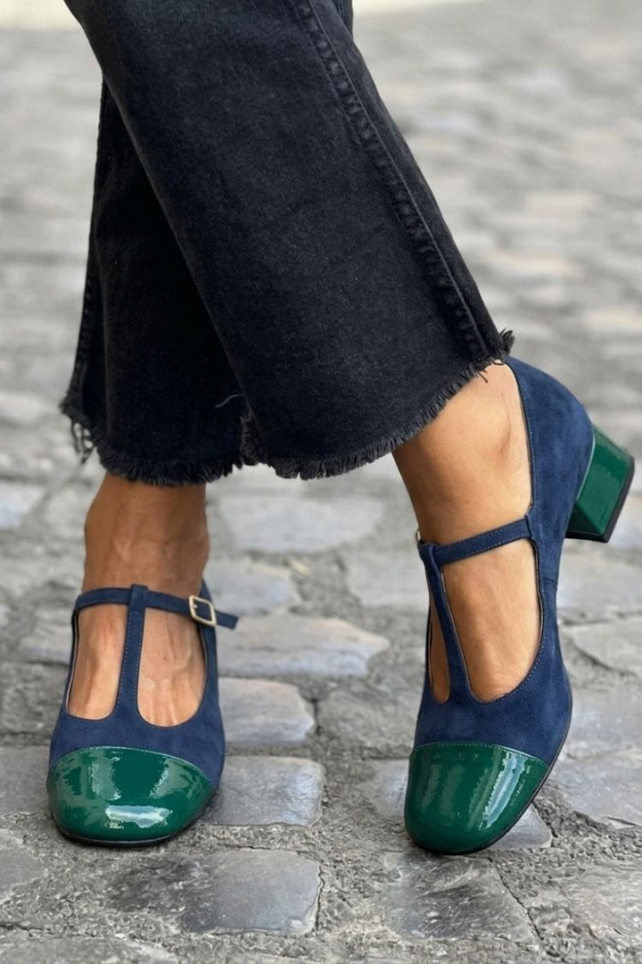 Elise | Chunky Round-Toe Buckle T-Strap Heels
