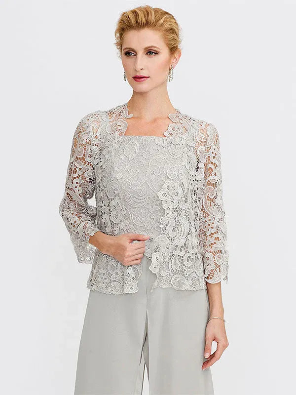 3-Piece Chiffon Square Neck Mother of the Bride Pantsuit Set with Jacket