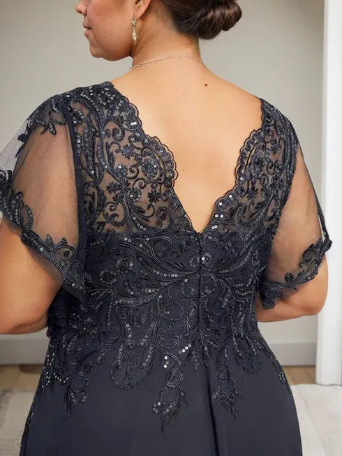 A-Line V-Neck Floor-Length Lace Chiffon Mother of the Bride Dress with Sequins