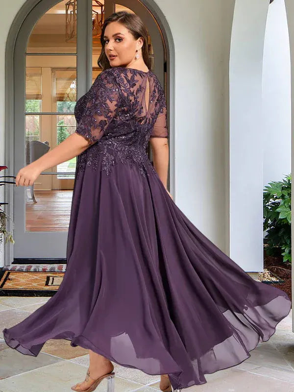 A-Line Scoop Neck Illusion Asymmetrical Chiffon and Lace Mother of the Bride Dress with Sequins