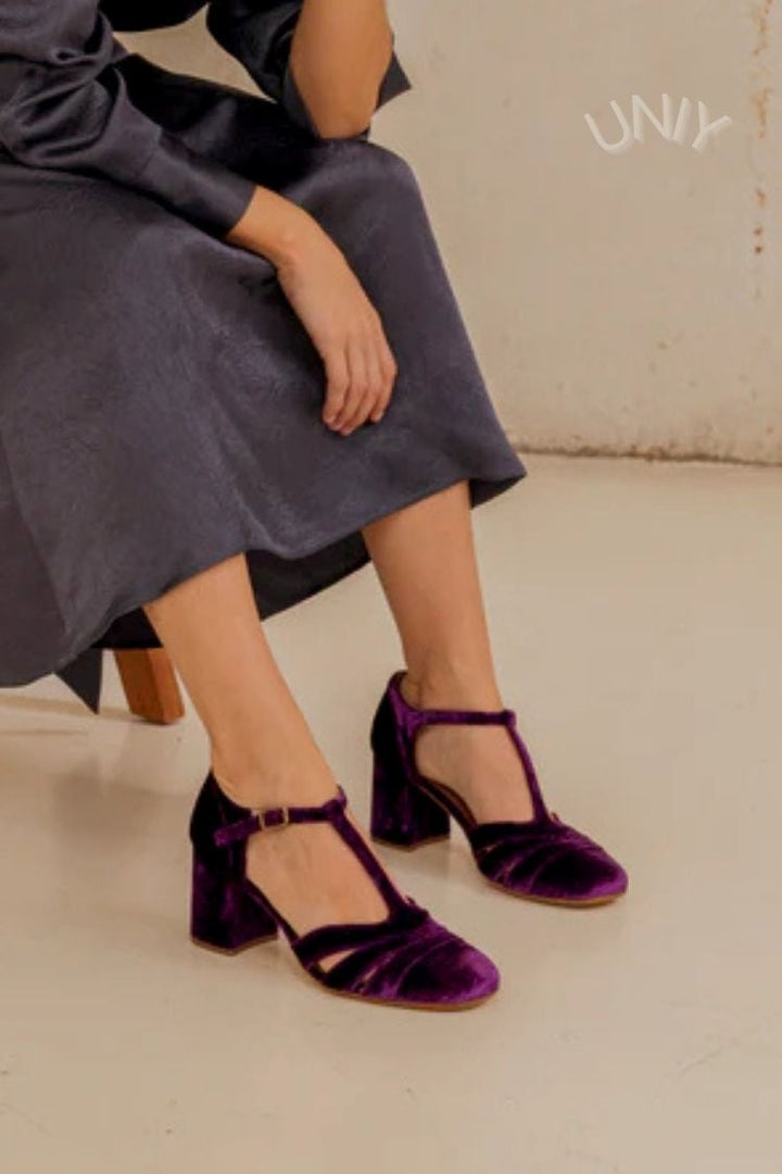 Maureen | Chunky Cut-Out Velvet Buckle T-Strap Heels