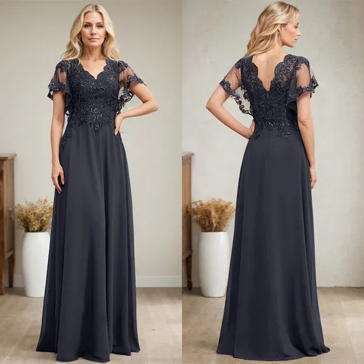 A-Line V-Neck Floor-Length Lace Chiffon Mother of the Bride Dress with Sequins