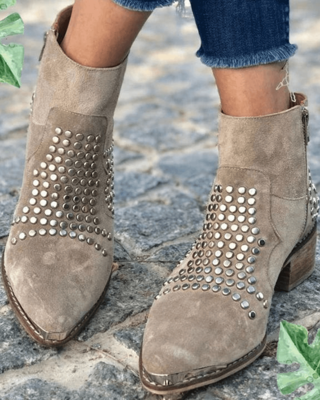 Emeline – Suede Chunky Pointed-Toe Studded Boots