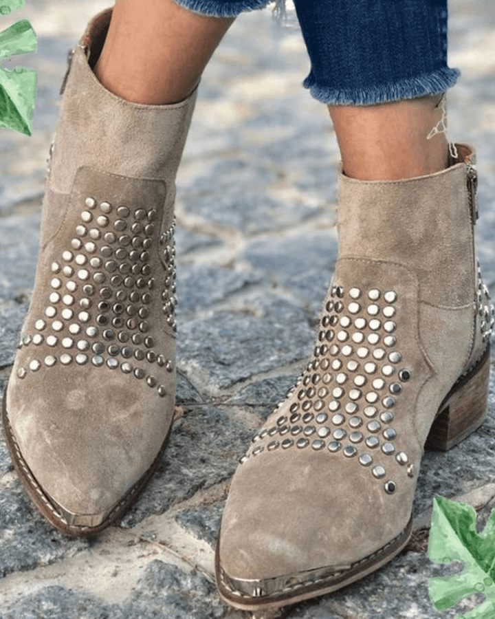 Emeline – Suede Chunky Pointed-Toe Studded Boots