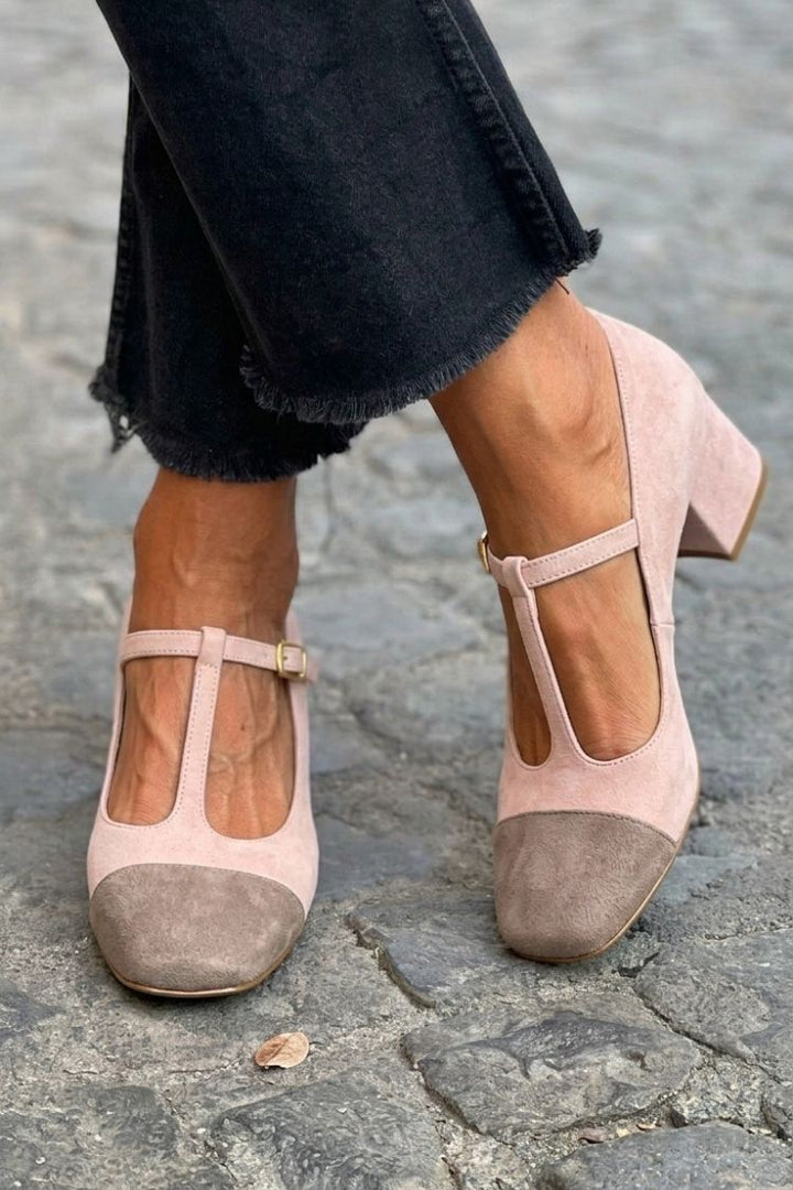 Hyacinth | Chunky Patchwork Round-Toe Buckle T-Strap Heels