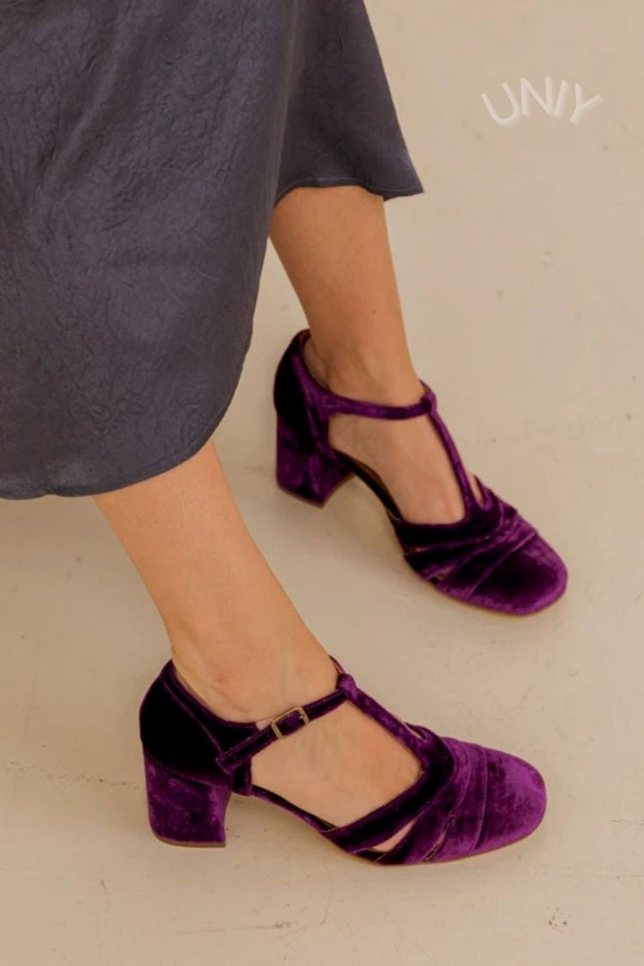 Maureen | Chunky Cut-Out Velvet Buckle T-Strap Heels