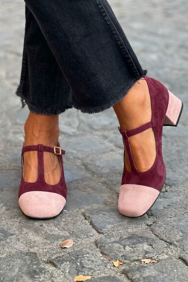 Hyacinth | Chunky Patchwork Round-Toe Buckle T-Strap Heels