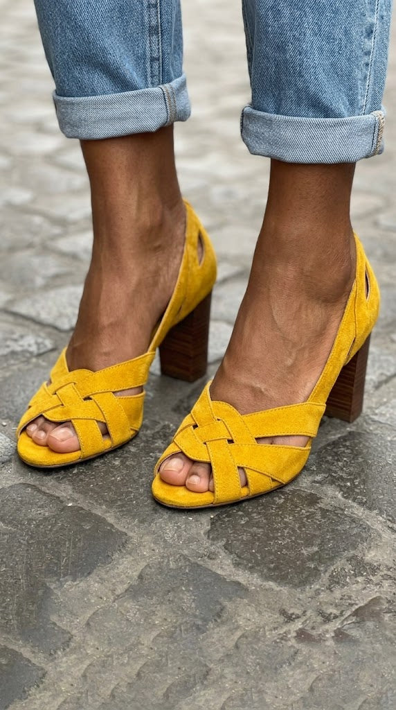 Norma – Block Cut-Out Peep-Toe Woven Suede Heels