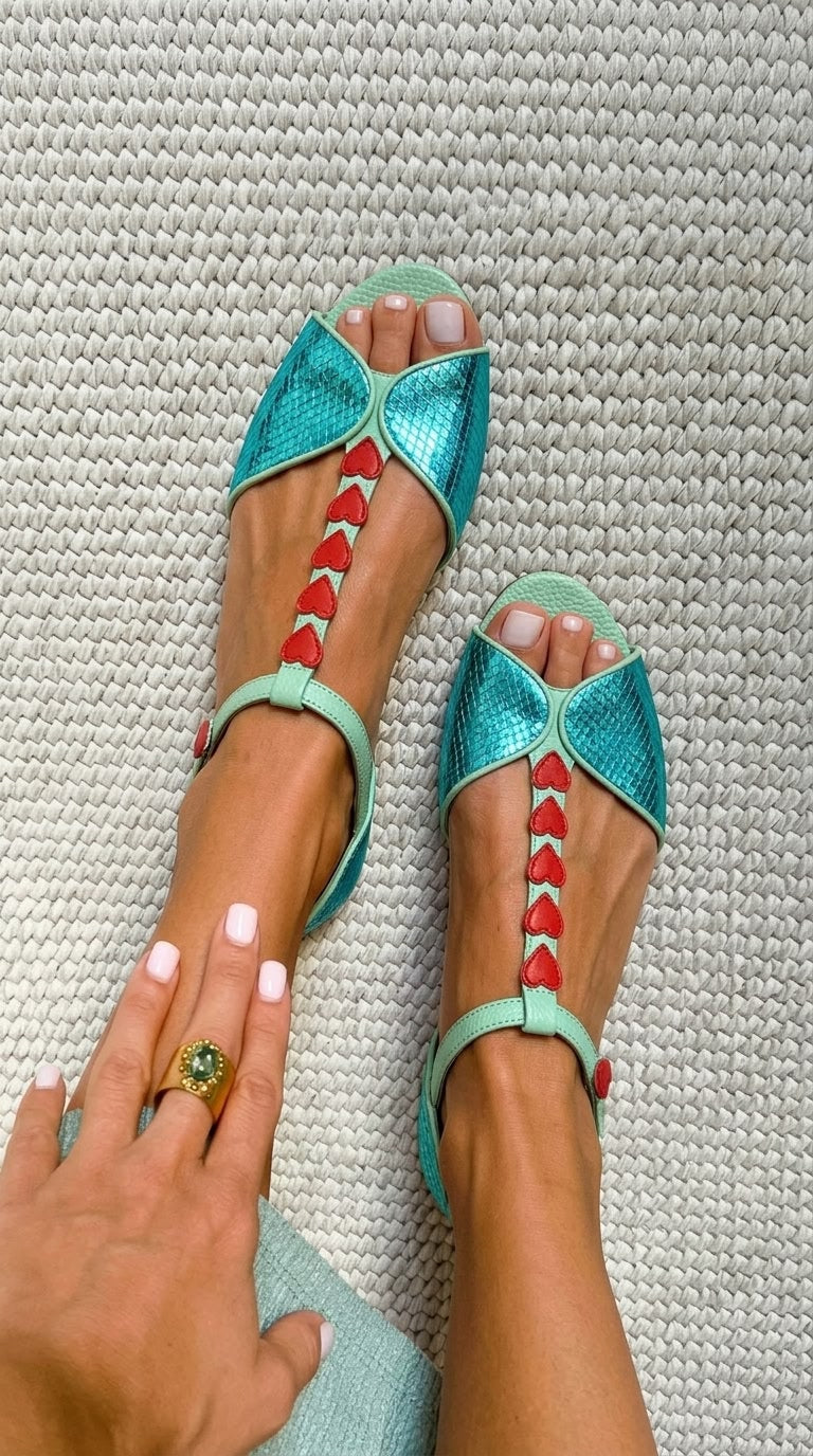 Clementine – Peep-Toe Flat T-Strap Heart Sandals
