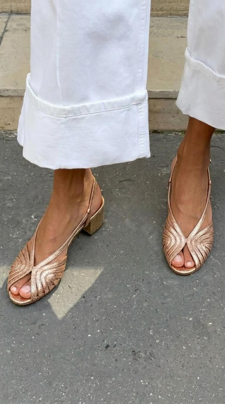 Claudia – Block Slingback Peep-Toe Woven Metallic Heels