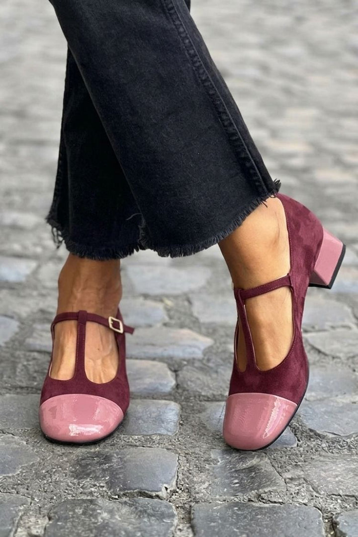 Elise | Chunky Round-Toe Buckle T-Strap Heels