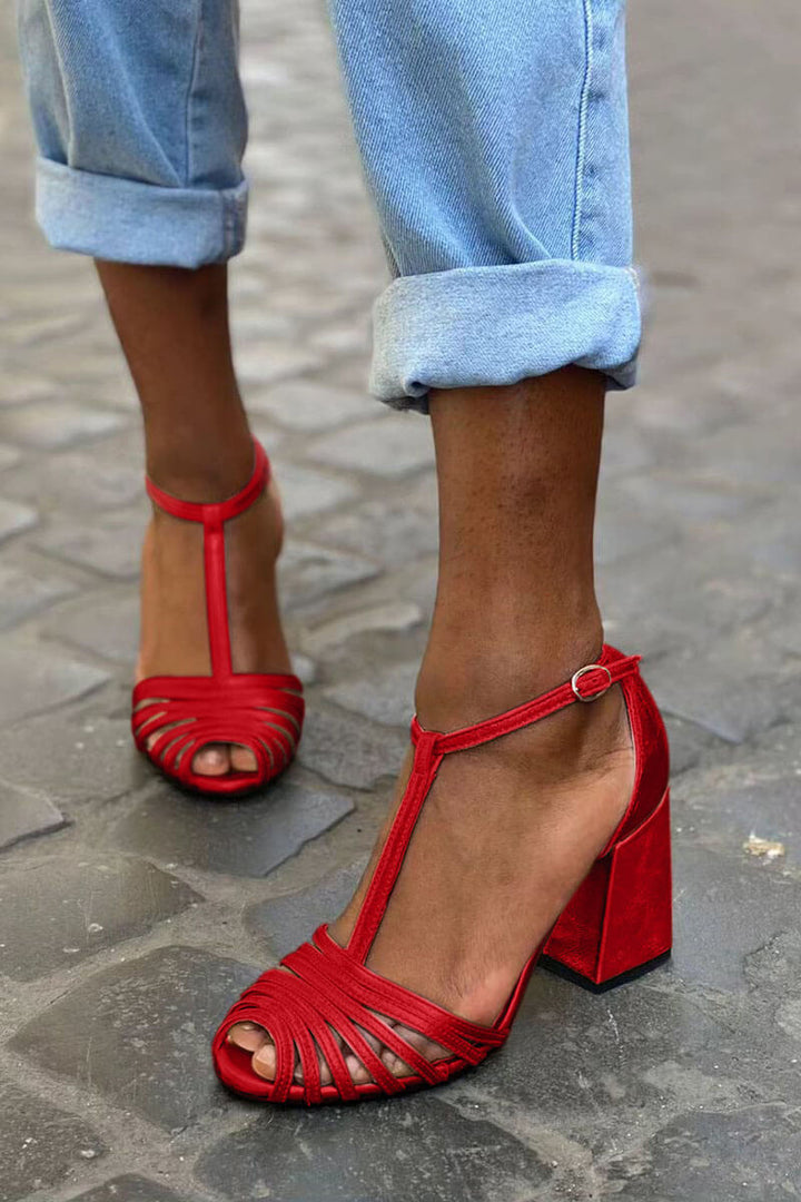 Monica | Chunky Peep-Toe Buckle T-Strap Strappy Heels