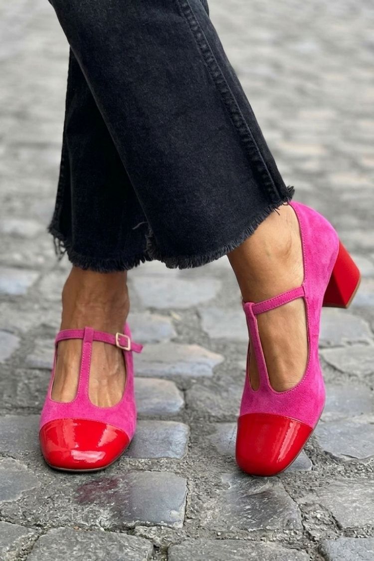 Elise | Chunky Round-Toe Buckle T-Strap Heels