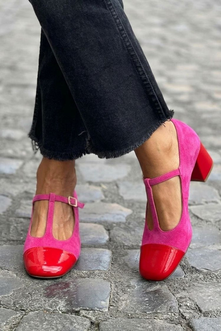 Elise | Chunky Round-Toe Buckle T-Strap Heels