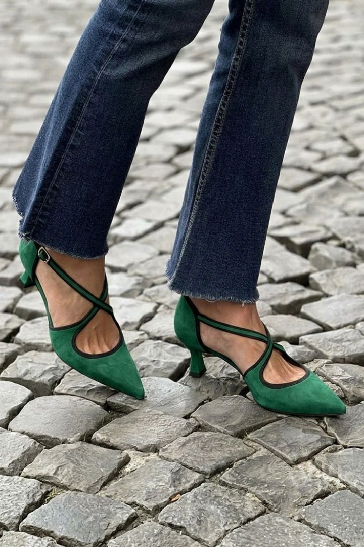 Irene | Low Pointed-Toe Solid Buckle Crossover Strap Heels
