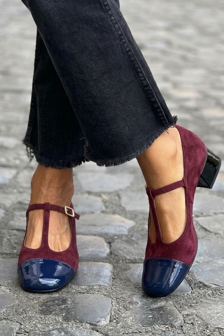 Elise | Chunky Round-Toe Buckle T-Strap Heels