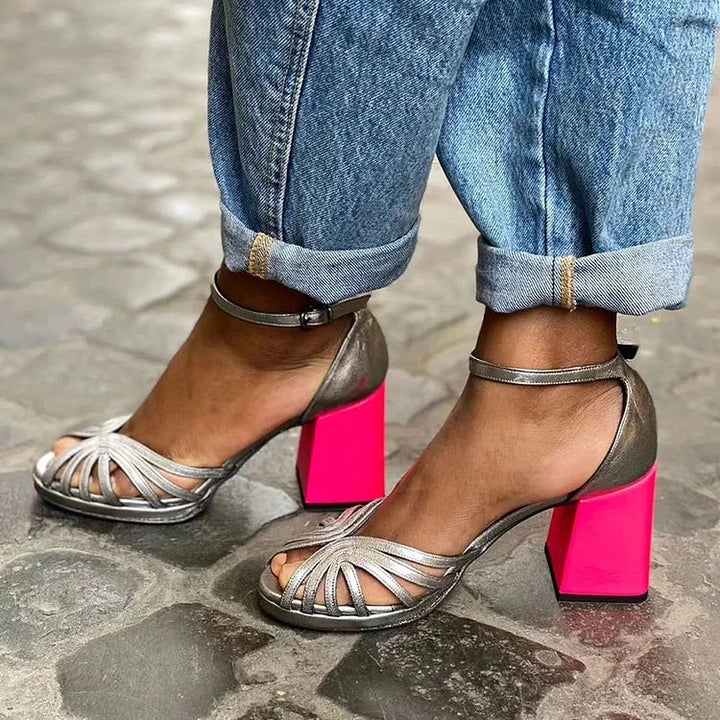 Leonora | Chunky Peep-Toe Sparkle Elegant Ankle Strap Buckle Heels