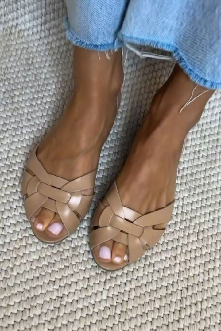 Cardelia | Peep-Toe Woven Vegan Leather Crossover Strap Flats