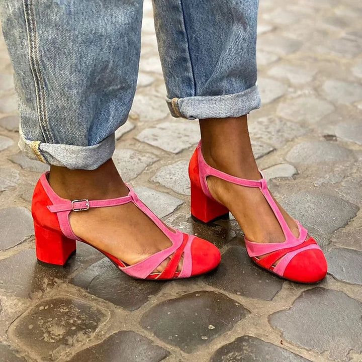Xenia | Chunky Cut-Out Buckle T-Strap Heels