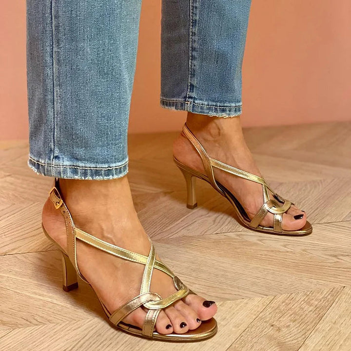 Georgiana | Stiletto Open-Toe Crochet Glossy Comfort Leather Strappy Heels