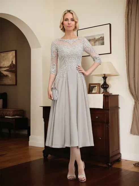 A-Line Scoop Neck Illusion Tea-Length Chiffon and Lace Mother of the Bride Dress with Beading and Sequins