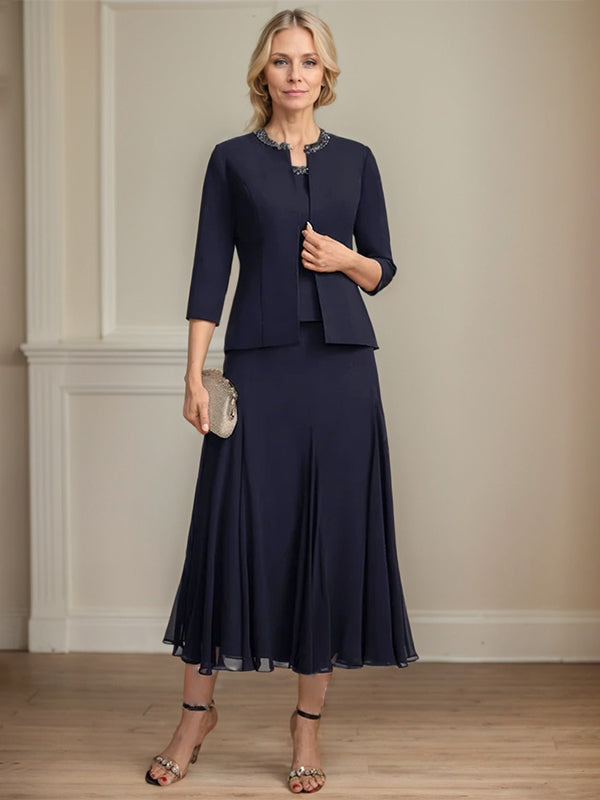 A-line Scoop Tea-Length Chiffon Mother of the Bride Dress with Sequins and Beading Separates