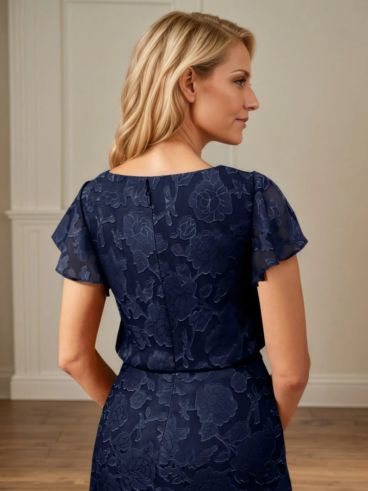 A-Line Boat Neck Short Sleeve Floral Burnout Mother of the Bride Dress