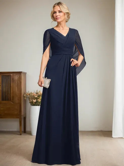 Dark Navy A-Line V-Neck Long Mother of the Bride Dress