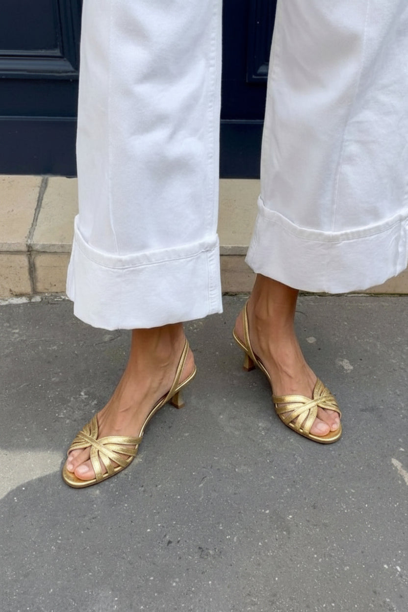 Noelle – Slingback Metallic Crossover Strap Kitten Sandals