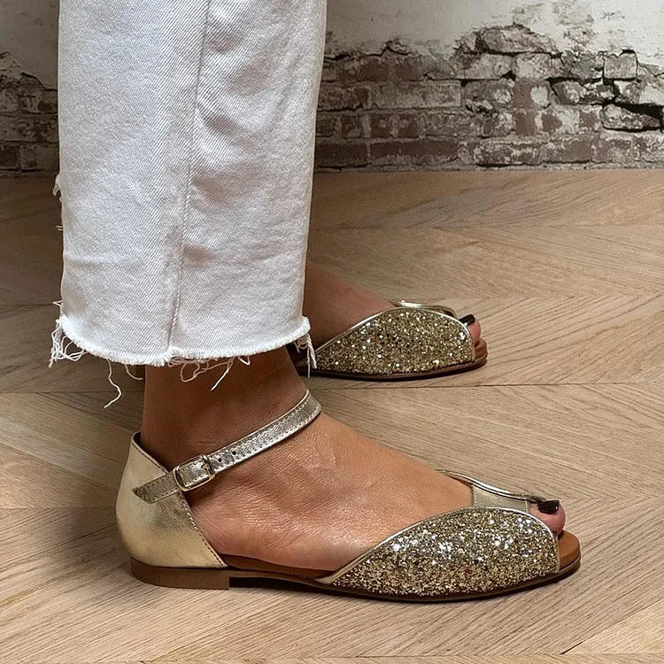 Rosalind | Peep-Toe Glitter Patchwork Ankle Strap Buckle Sandals
