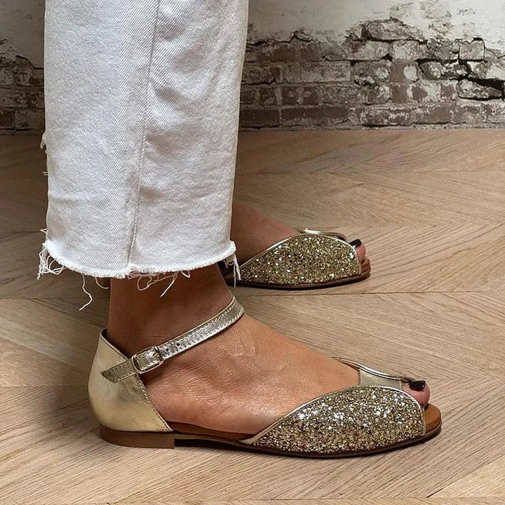 Rosalind | Peep-Toe Glitter Patchwork Ankle Strap Buckle Sandals