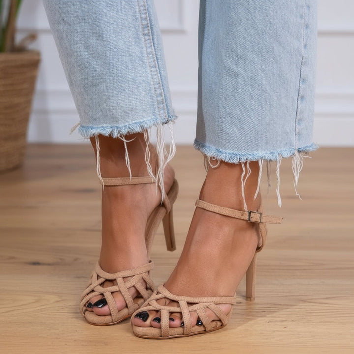 Lilian – Stiletto Cut-Out Woven Suede Ankle Strap Heels
