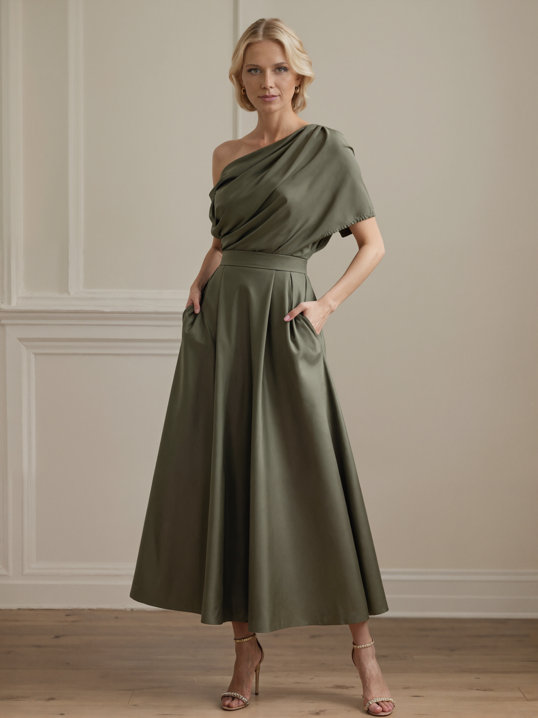One-Shoulder Satin A-Line Pleated Ankle-Length Mother of the Bride Dress
