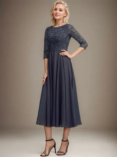 A-Line Scoop Neck Tea-Length Lace Chiffon Mother of the Bride Dress with Sequins