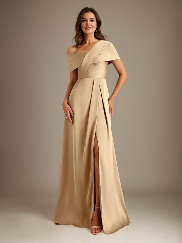 A-Line Satin Mother of the Bride Dress with Asymmetrical Neckline, Floor-Length, and Pleated Design