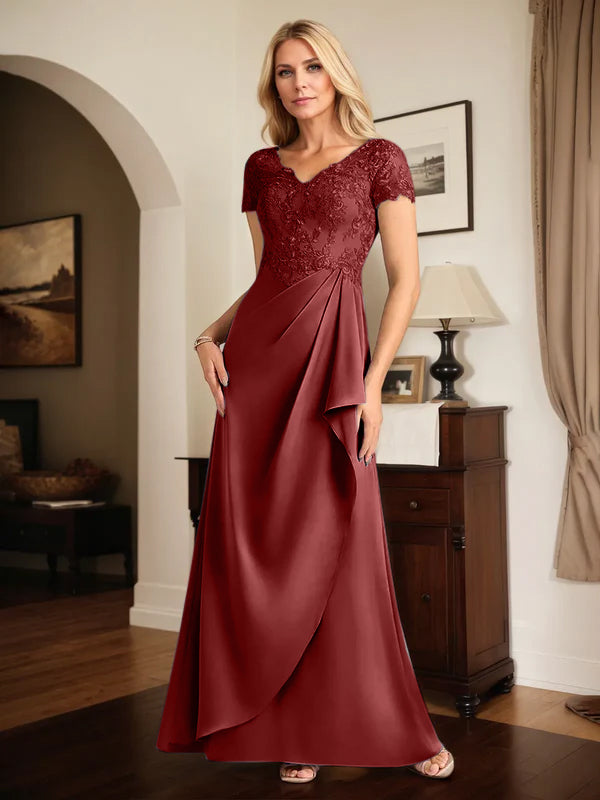 Satin A-Line V-Neck Short Sleeve Floor-Length Dress with Appliqué Details
