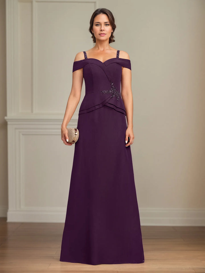 A-Line Cold Shoulder Floor-Length Chiffon Mother of the Bride Dress with Beading and Sequins