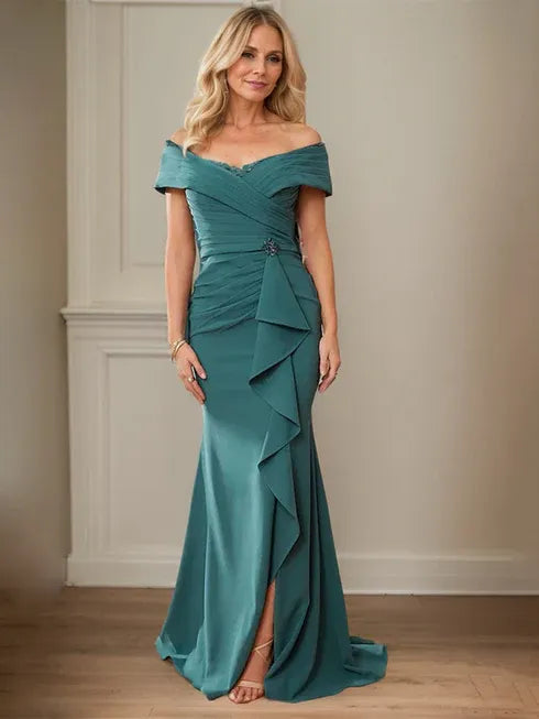 Floor-Length Lace and Chiffon Mother of the Bride Dress with Sheath/Column V-Neck Illusion and Pleated Sequins