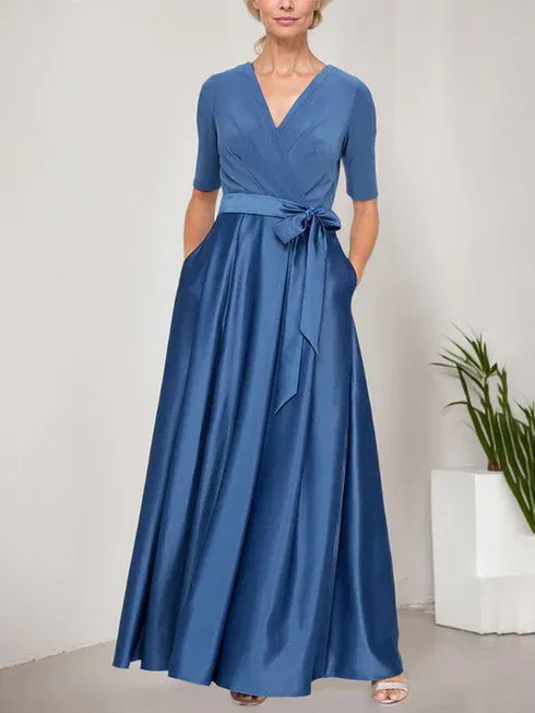 Surplice Neckline Ballgown with Full Satin Skirt and Jersey Bodice