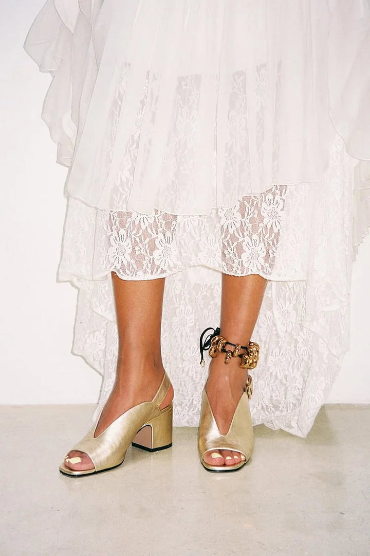 Simone | Chunky Slingback Peep-Toe Glossy Metallic Heels