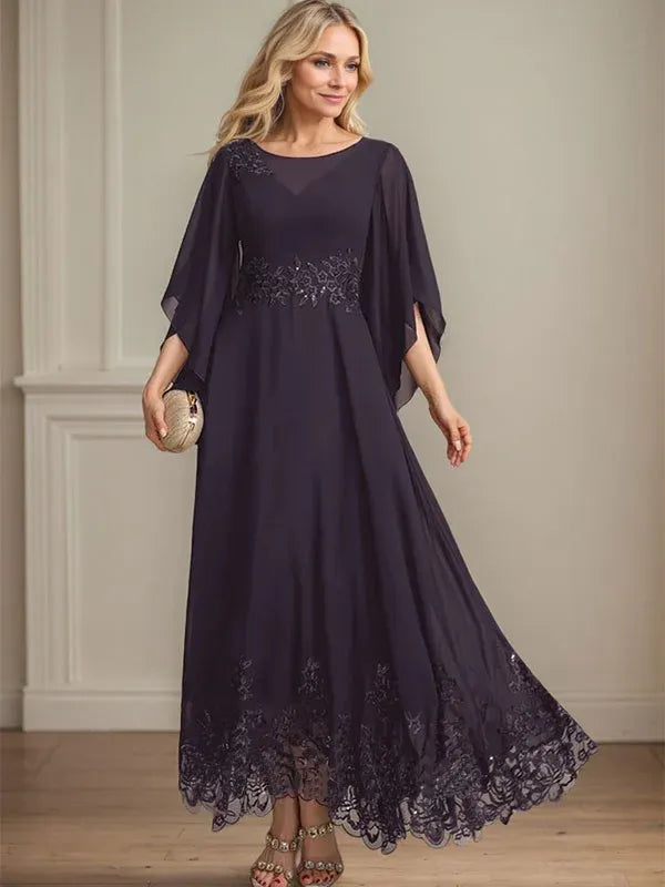 A-Line Scoop Neck Illusion Lace Chiffon Mother of the Bride Dress with Sequins and Ankle-Length Hem