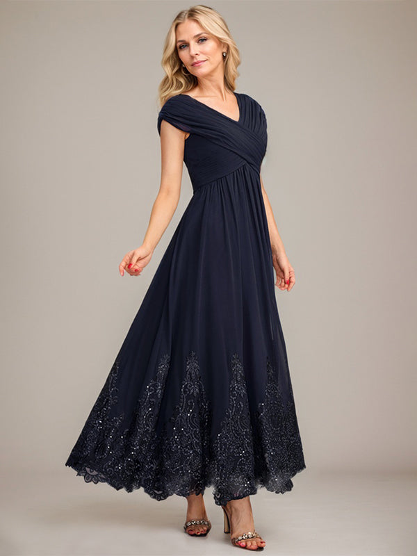 A-Line V-Neck Chiffon Mother of the Bride Dress with Appliqué and Sequins, Ankle-Length