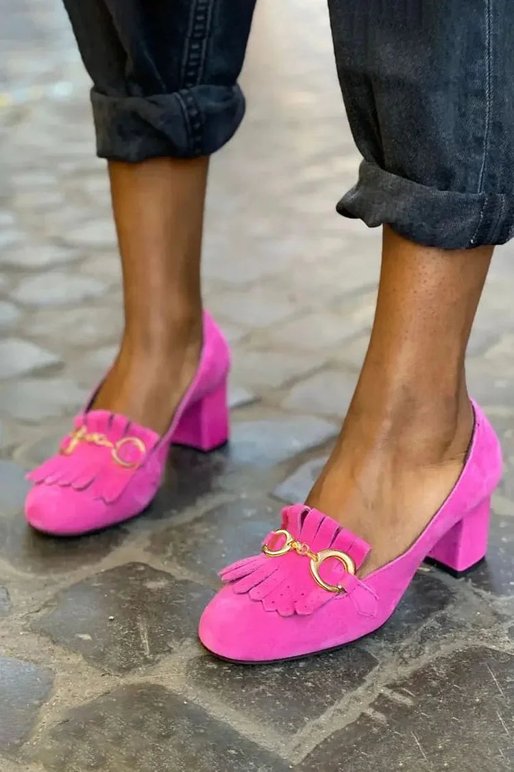 Nadine | Chunky Matte Round-Toe Buckle Fringe Heels