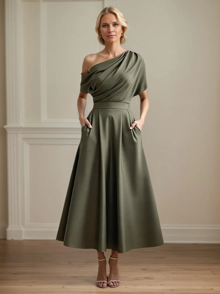 One-Shoulder Satin A-Line Pleated Ankle-Length Mother of the Bride Dress