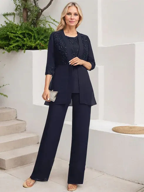 Floor-Length Chiffon Lace Jumpsuit and Pantsuit Separates with Sequins – Perfect Mother of the Bride Dress