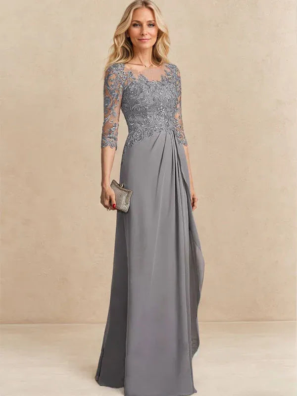 A-Line Scoop Illusion Floor-Length Chiffon and Lace Mother of the Bride Dress with Beading, Sequins, and Cascading Ruffles