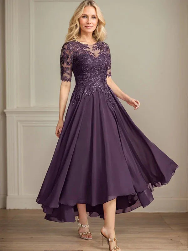 A-Line Scoop Neck Illusion Asymmetrical Chiffon and Lace Mother of the Bride Dress with Sequins