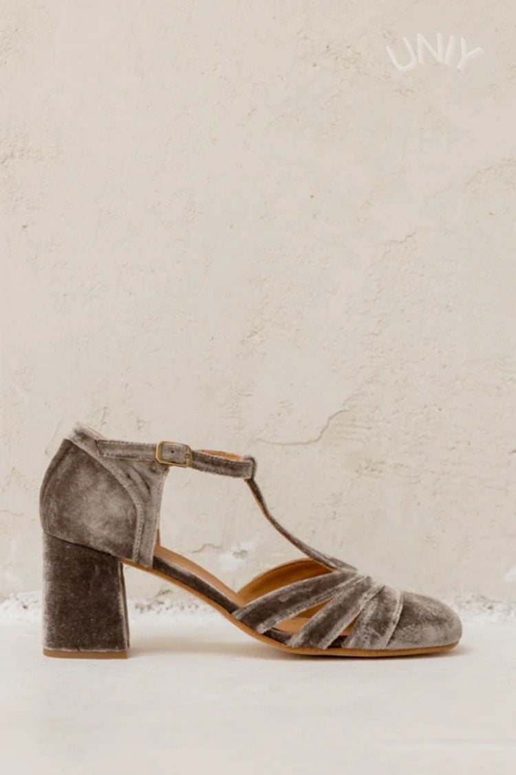 Maureen | Chunky Cut-Out Velvet Buckle T-Strap Heels