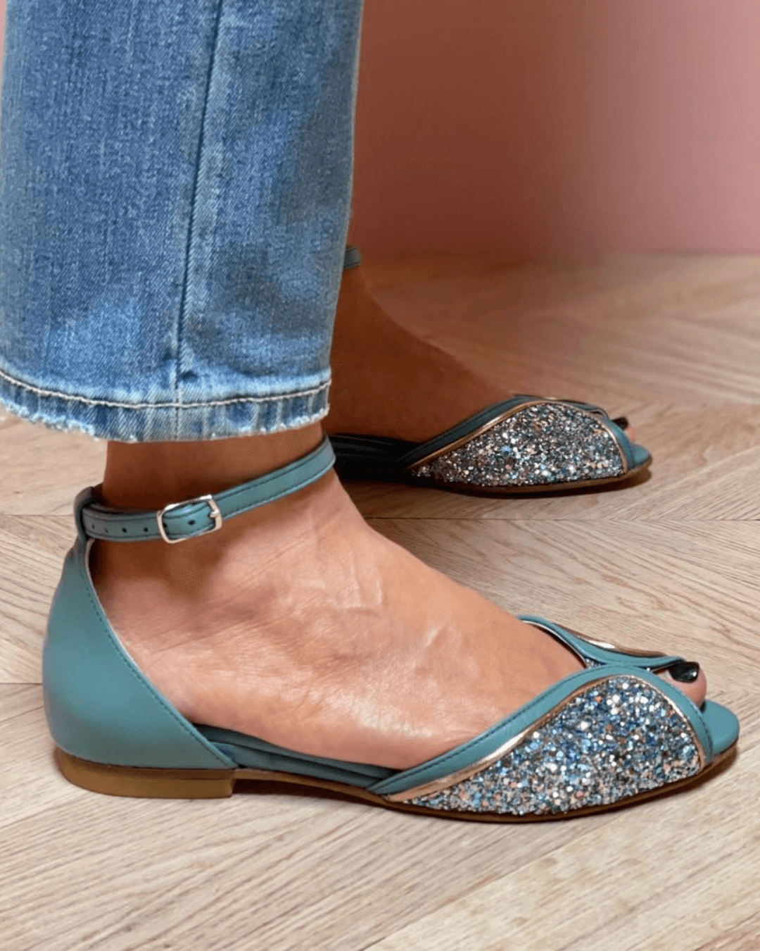 Jacqueline | Peep-Toe Glitter Patchwork Ankle Strap Buckle Sandals